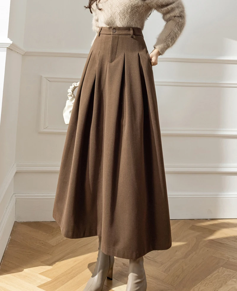 Elegant Women Woolen Skirts For Female Pockets Office Ladies Casual Loose A-Line High Waist Midi Skirt Autumn Winter Black Skir a life on the left women silk skirt summer mulberry silk flowing comfortable soft eight colors classic versatile mid length skir