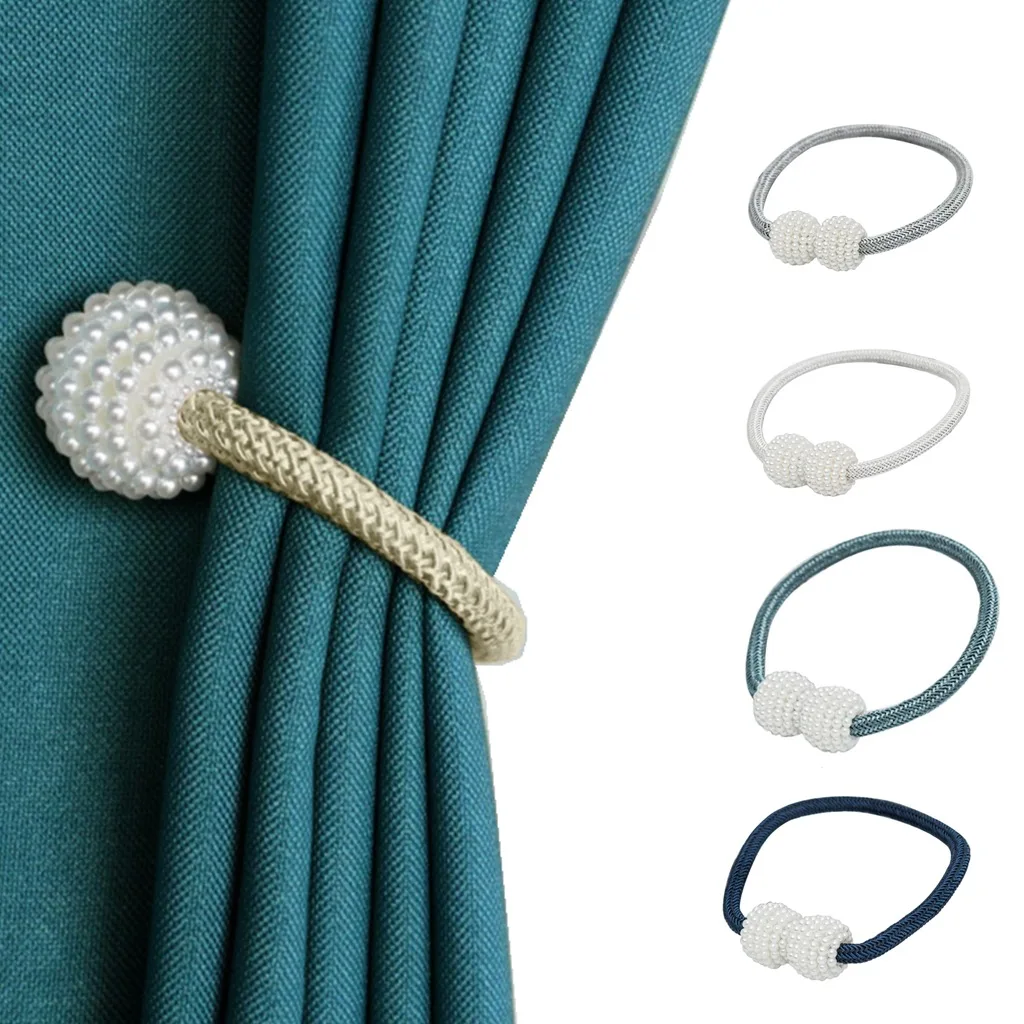 Description Picture 3 of itemMagnetic Curtain Tiebacks Pearl Ball Buckle Curtain Home Decor Curtain Weave Clips Rope Straps Holder Window Treatment Accessory