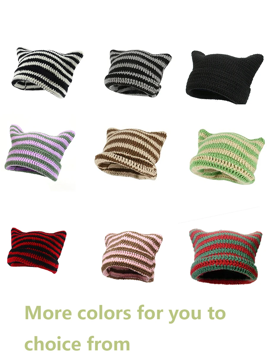 Häkelmützen für Damen und Herren, Katzenohren-Mütze, Mädchen, gestrickt, fauler Stil, Punk, Y2k, niedliche Slouchy-Mützen, lockere Passform, handgefertigte Skullies für Jungen – Detail 2