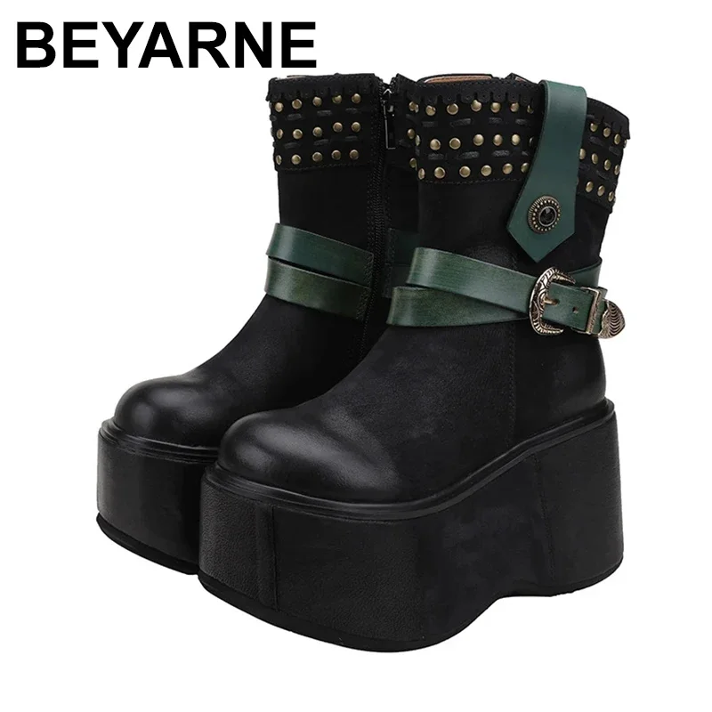 

Retro Shoes Women Boots Genuine Leather Rivet Zip New Autumn Winter Handmade Round Toe Concise Platform Boots