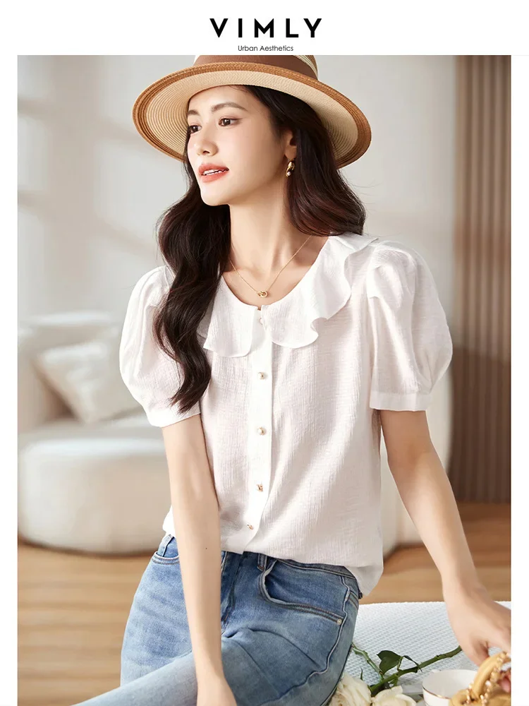 Vimly Women's Ruffled Collar Puff Sleeve Shirts 2023 Fashion Short Sleeve Straight Loose Elegant Shirts & Blouses Clothes M1571 vimly high waist wide leg white jeans for women 2023 summer fashion straight loose mopping pants casual streetwear troursers