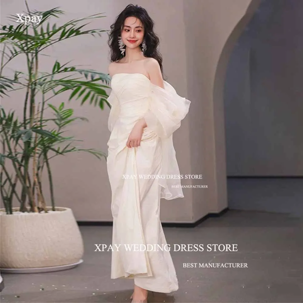 

XPAY Elegant Strapless Korea Wedding Dresses Soft Satin Off Shoulder Bridal Gown Photography High Split Bride Dress With Ribbon