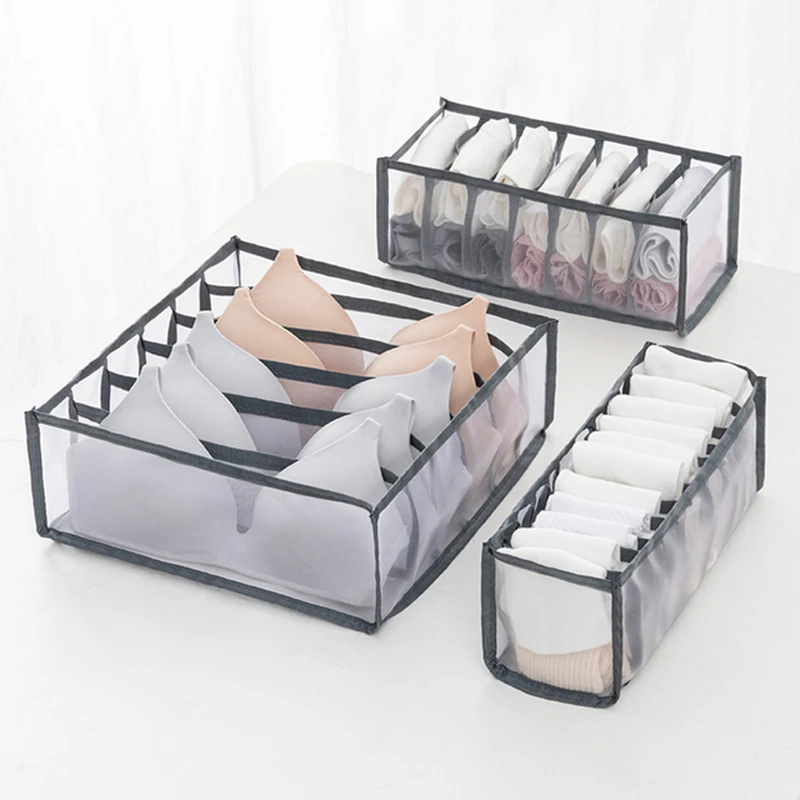 GN109 Underwear Storage Organizers, 3 Set Storage And Drawers For Bra,Socks  And Underwear, 6+7+11 Grid Bathroom Storage Containers, Gray-4.72 H x  12.6 W x 12.6 D