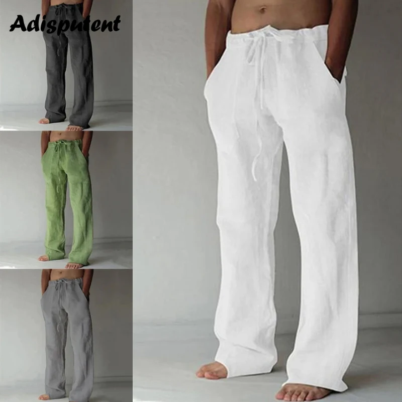 Men's Summer Casual Pants Daily Wear Solid Full Length Soft Linen Pants Mid Waist Pocket Drawstring Trousers Streetwear Bottom