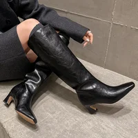 Women's genuine leather 5.5cm thin high heel square toe slip-on autumn knee high knight boots elegant ladies long boots shoes - Image 4