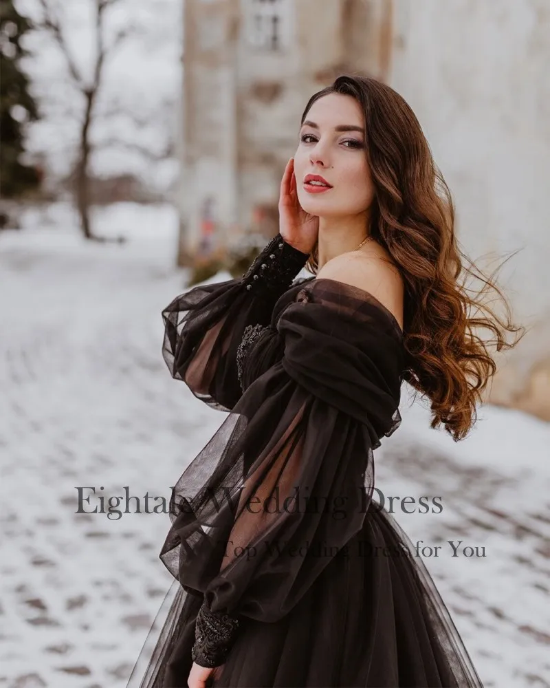 Eightale Black Wedding Dresses Off the Shoulder Long Puffy Sleeves Tulle Victorian Gothic Lace Up Bridal Gowns Customized 5