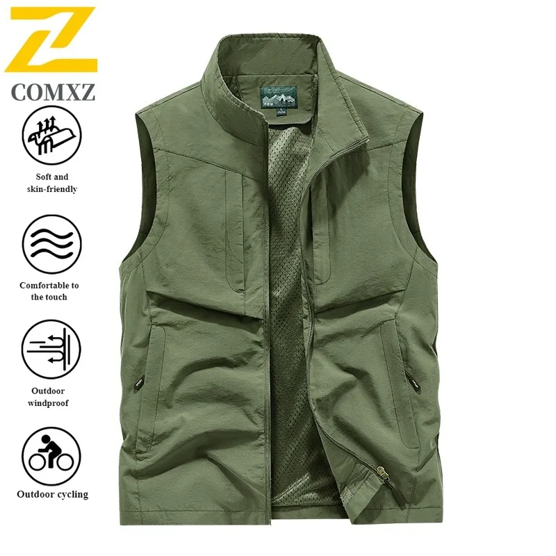 Men's Outdoor Workwear Vest Spring Autumn Thin Fishing Waistcoat Casual Solid Color Utility Jacket Multi-Pocket Breathable 2025