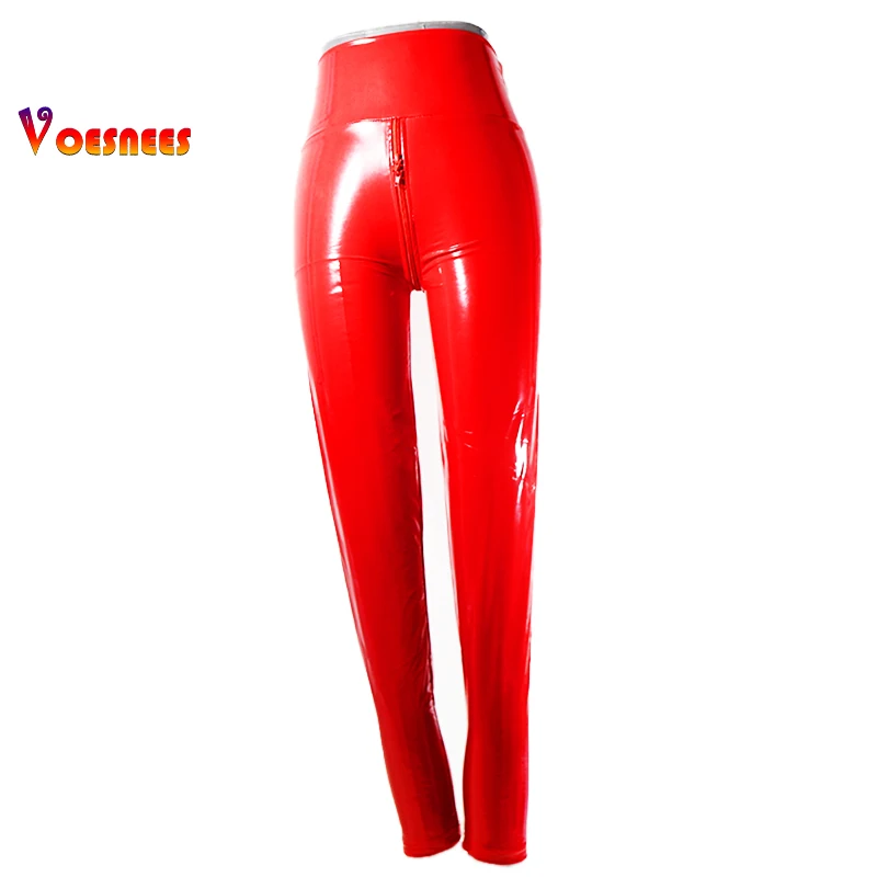 New Red Sexy Open Crotch Women Pants PU Double Zipper Bodycon Trousers Ladies Exotic Slim Nightclub Micro Elasticity Leggings 5