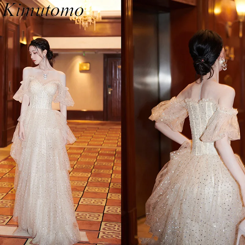

Kimutomo Sequined Mesh Ruffles Birthday Party Dresses Boat Neck Woo D Ear Hem Princess Dress Sweet Strapless Cake Vestidos