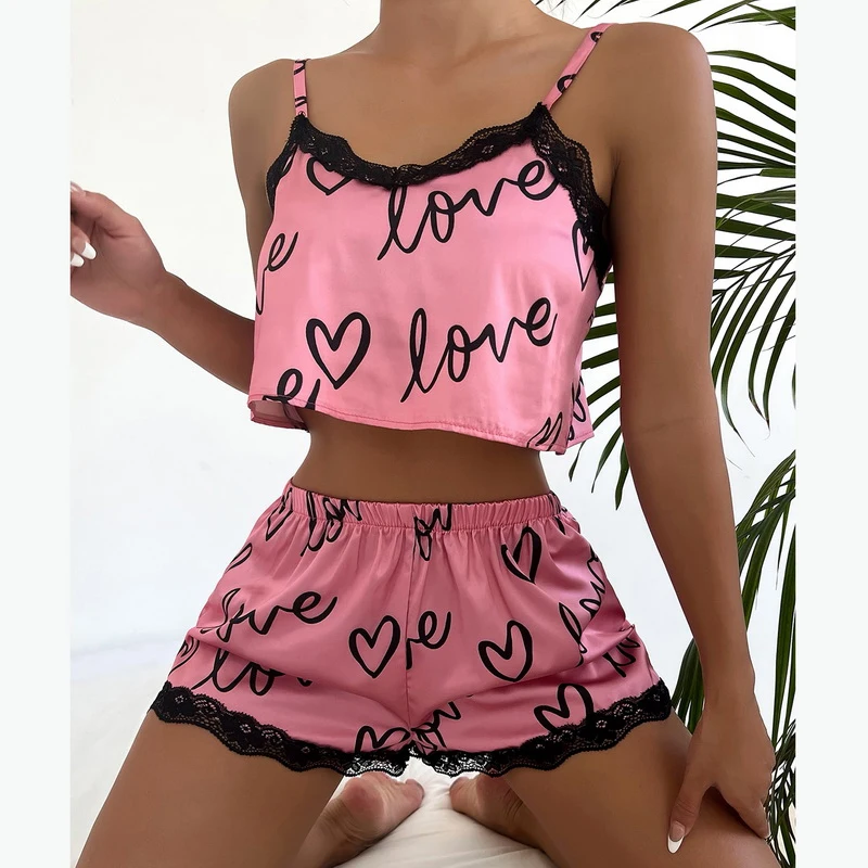 2pcs/set Pajama Suit for Women Sexy Cute V-Neck Lace Love Heart Printed Suspenders Tops Shorts Nighty Sleepwear Homewear Set