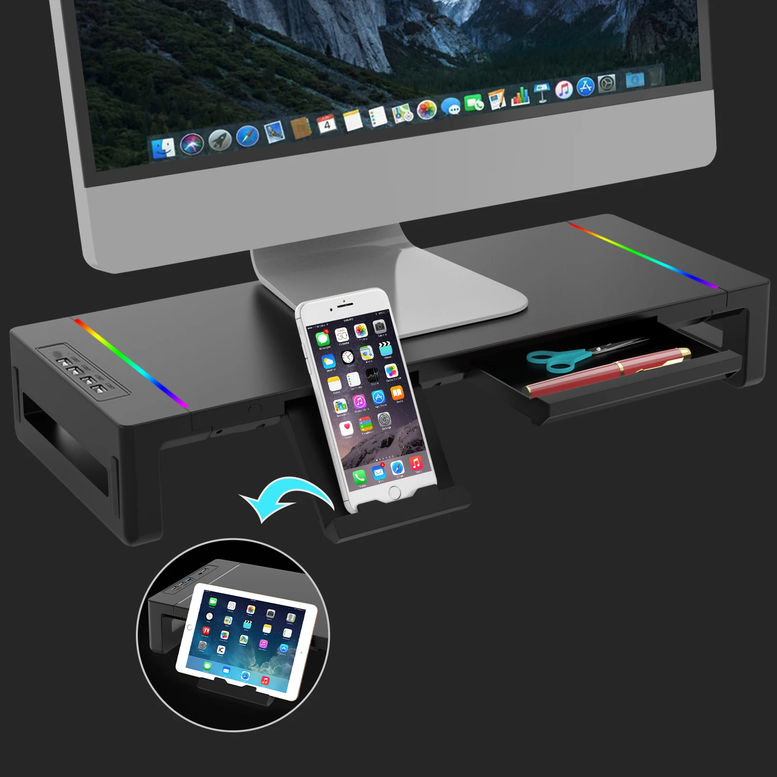 모니터 스탠드 데스크 모니터 스탠드 라이저(RGB USB 2.0 허브 포함) 가볍고 견고한 ABS 소재 모니터 데스크 선반