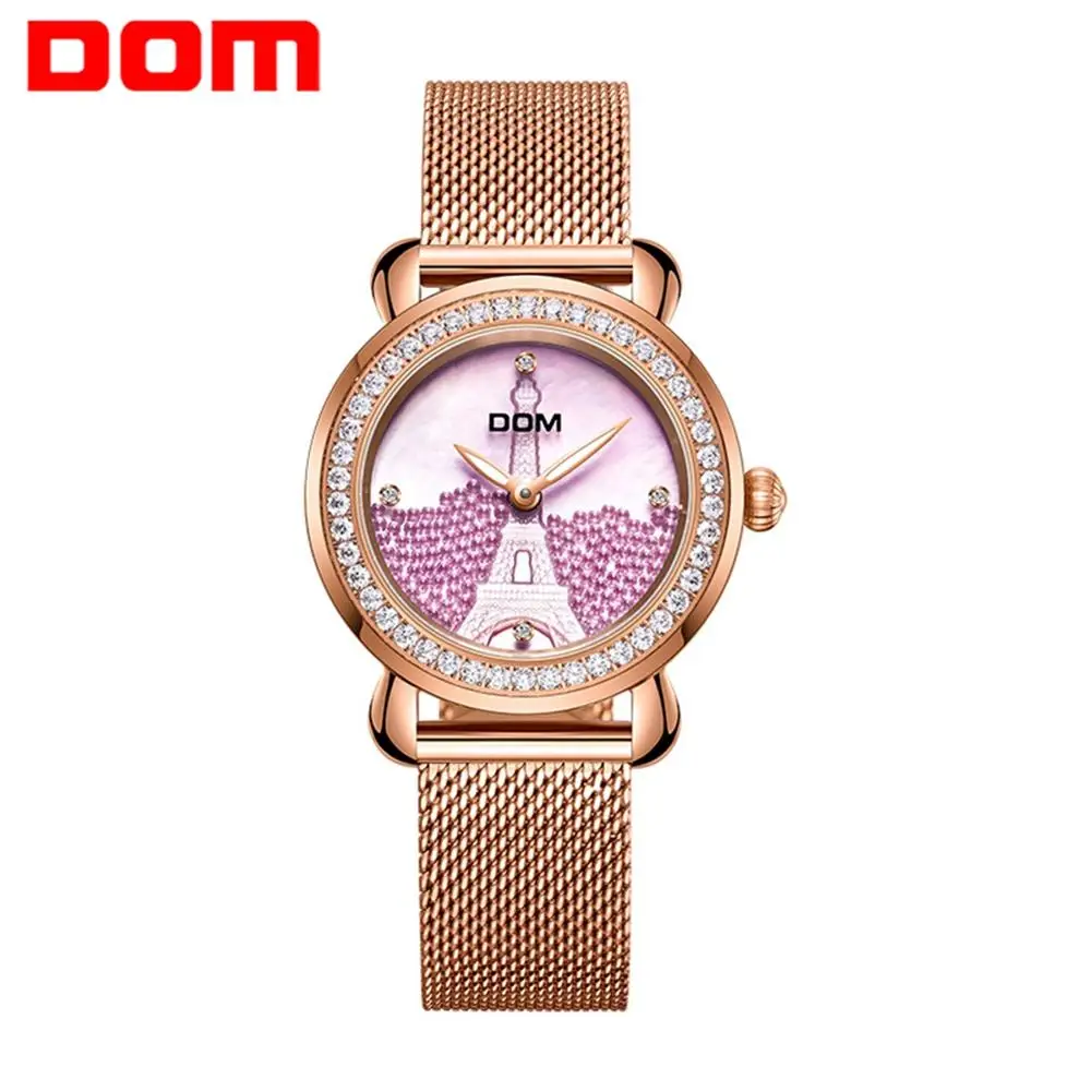 DOM Luxury Brand Women Watch Rose Gold Steel Quartz Ladies Watches Rhinestone Sapphire Crystal Dress Relogio Faminino G-613G