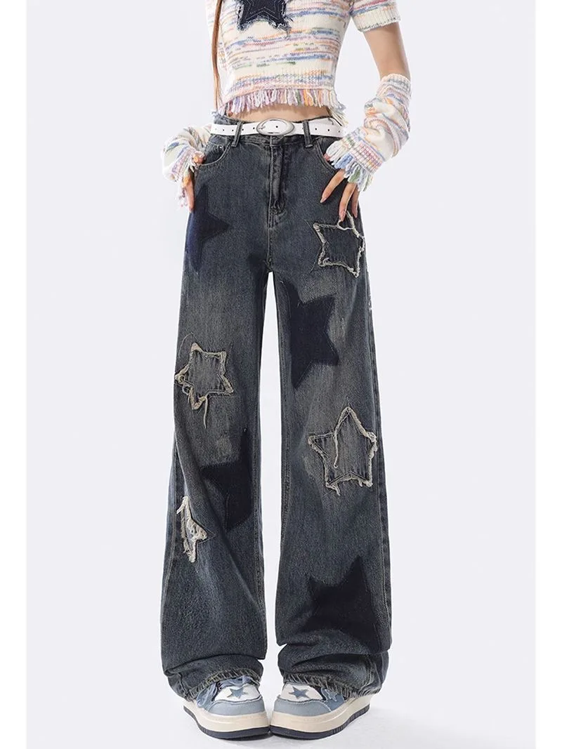 Thin American Retro Five-Point Star Wide-Leg Jeans Women's Trendy Mopping Pants - true deals club