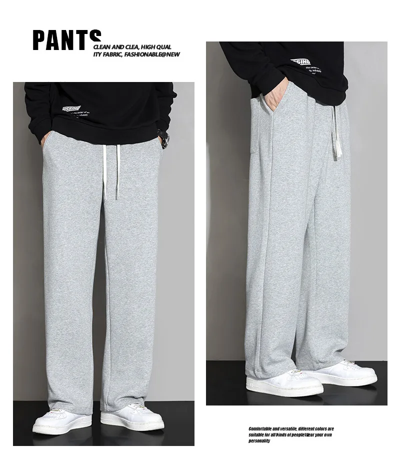 بنطلون واسع الساق للرجال لفصلي الخريف والشتاء، مبطن بالصوف، تصميم مستقيم وفضفاض، بنطلون رياضي كاجوال طويل، بنطلون رياضي أسود