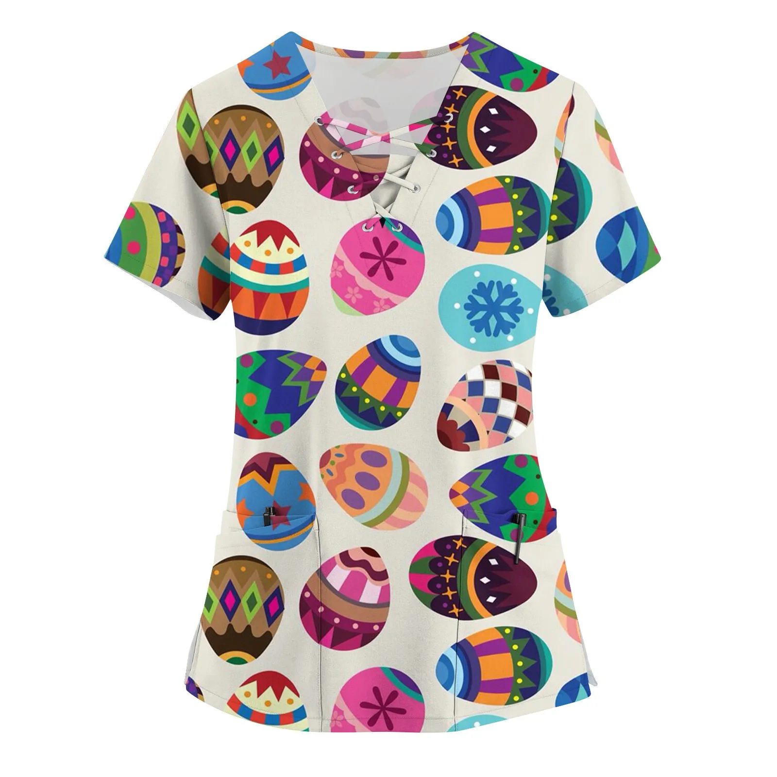 

Plus Size Scrub Working Uniform Tops For Women's V-Neck Easter Print Short Sleeve Fun shirts Workwear Tee With Pockets