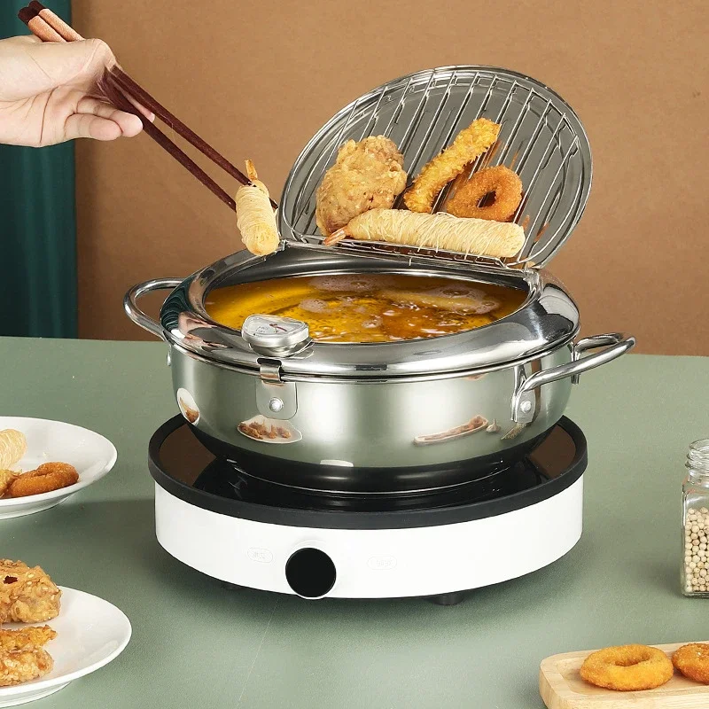 

Oil Pan Household Japanese Deep Frying Pot with a Thermometer and a Lid 304 Stainless Steel Kitchen Tempura Fryer Pan 20 24 cm