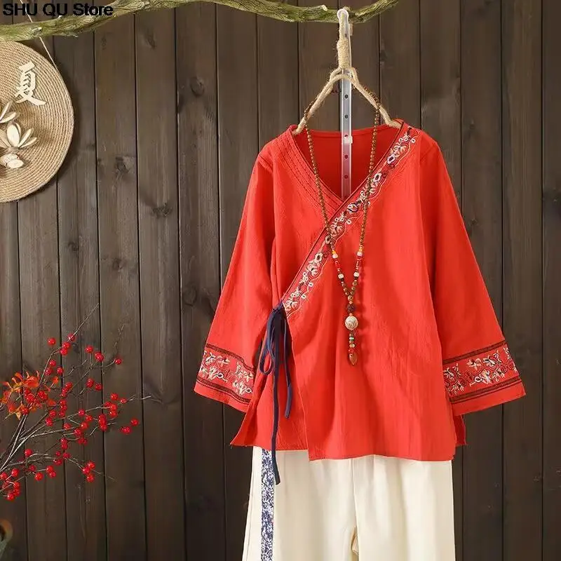New Spring Chinese Traditional Tang Suit Female Costume Vintage Blouse Long Sleeve Lace-up Embroidery Top for Women Hanfu Blouse