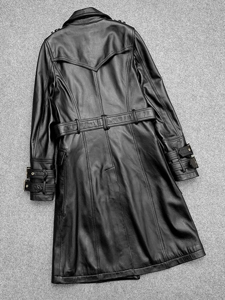 Spring Women Double Breasted Belted Long Sheepskin Trench Coat Fashion Genuine Leather Jacket Military Style Moto Windbreaker
