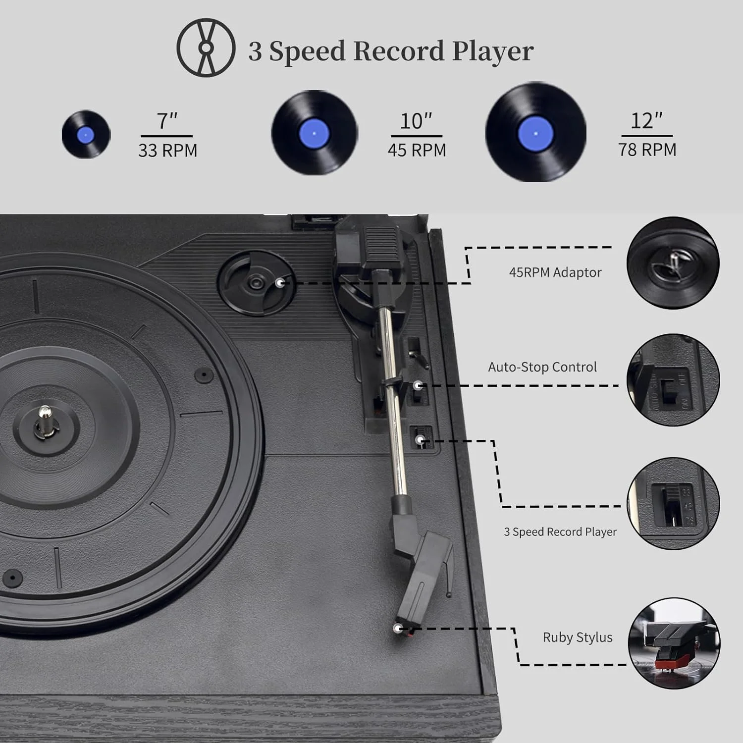 Vinyl record player Versatile Multifunctional Vintage Phonograph 3 Speed Adjustable Vinyl Record Player with Record Player CD Cassette FM/AM Radio