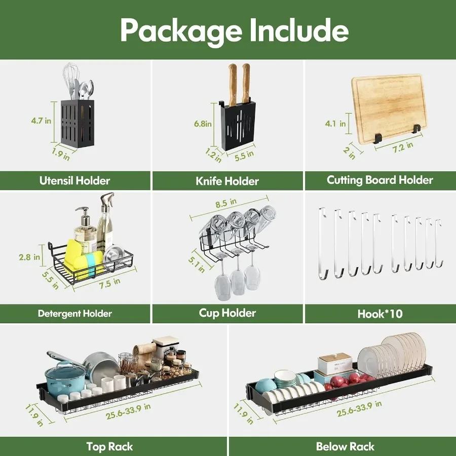 3 Tier Extra Large Stainless Steel Expandable Over The Sink Dish Drainer Drying Rack Rust Proof Metal Space Saving Modern Black