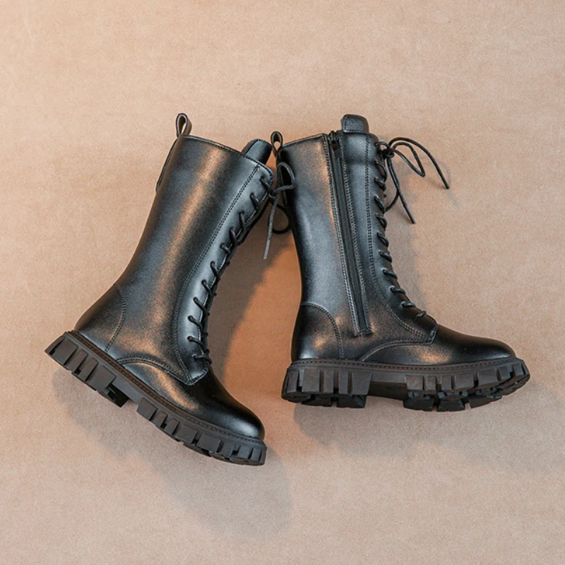 Girls Black Beige PU High Boots for Spring Autumn