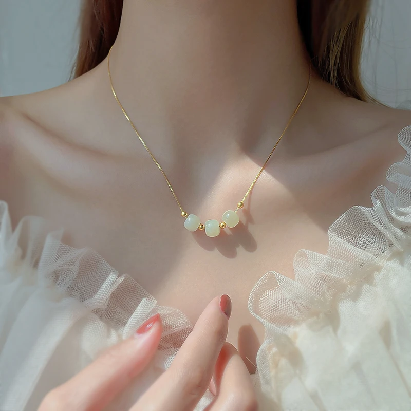 

925 Sterling Silver Hetian Jade Necklace Female Summer New Tide Girls Clavicle Chain Niche Design Sense Light Luxury Choker