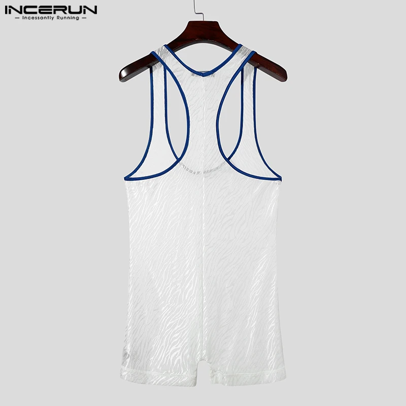 INCERUN Sexy Style Men Jumpsuits Fashion Line Print Shorts Rompers Casual Sleepwear Flat Cornered Sleeveless Male Bodysuits
