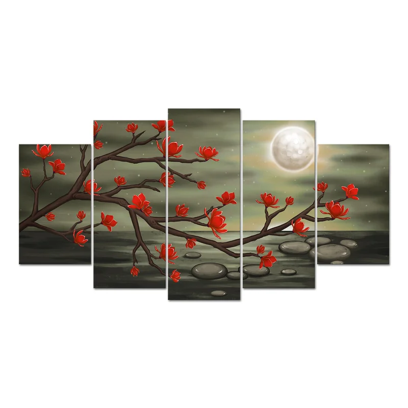 

5 Pieces Red Flowers Poster Home Decor Night Landscape Print Canvas Painting Modern Style Picture Living Room Wall Art