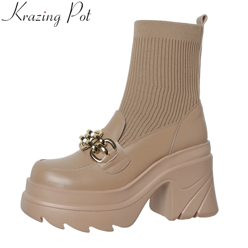 

Krazing Pot Cow Leather Round Toe Super High Platform Knitting Stretch Sock Boots Warm Winter Shoes Chain Casual Mid-calf Boots