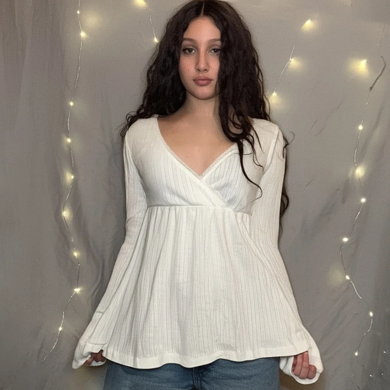 Women Fairy Y2k Cottage T-shirt Coquette V Neck Long Sleeve Babydoll Tees Autumn Spring Casual Pullovers Tops Vintage Clothes 5