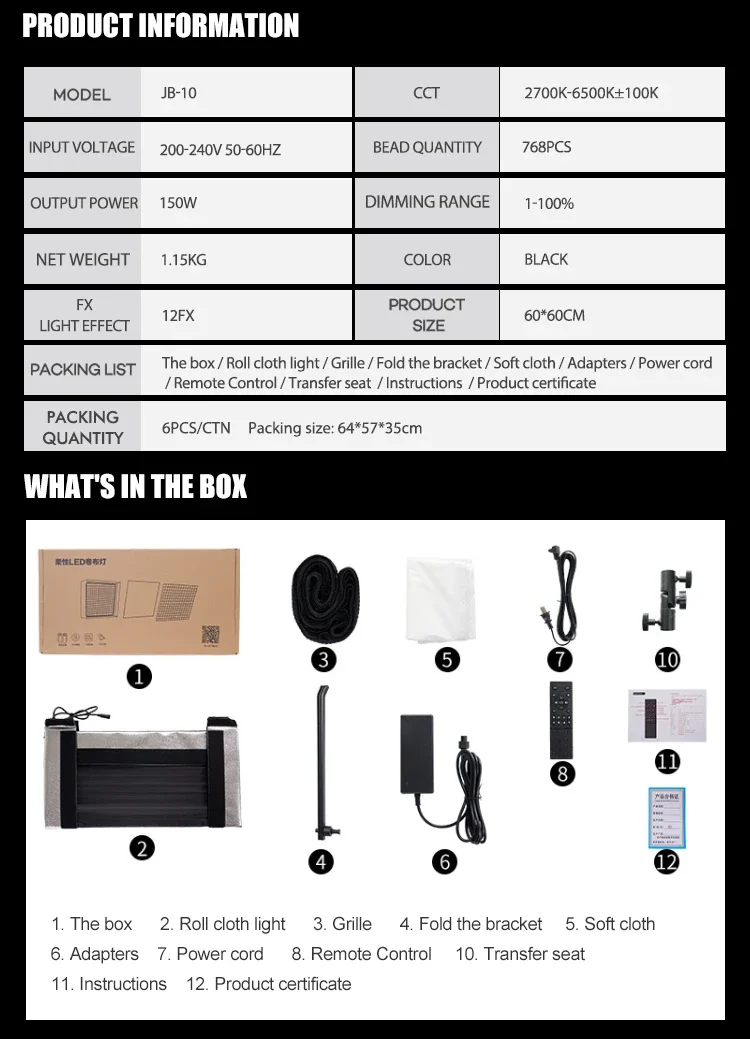 JB-10 150W Flexible LED Video Light 2700K-6500K 60*60cm Rollable Cloth Photograp