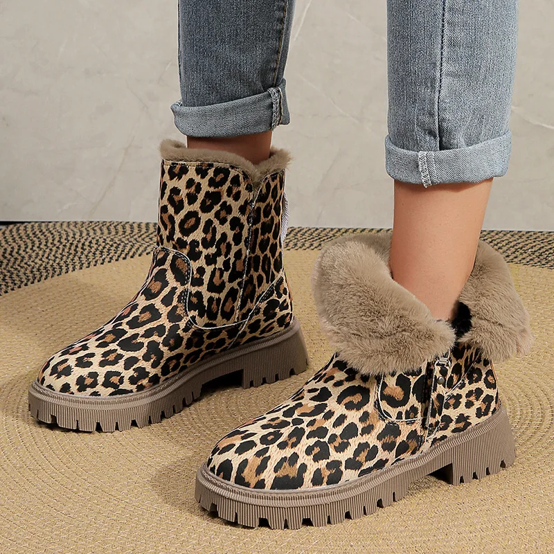 Bottines Femme Imprimé Léopard - Doublure Fourrure, Fermeture éclair Latérale - Taille 36 à 41 - Chaudes Et Tendance Pour L'hiver