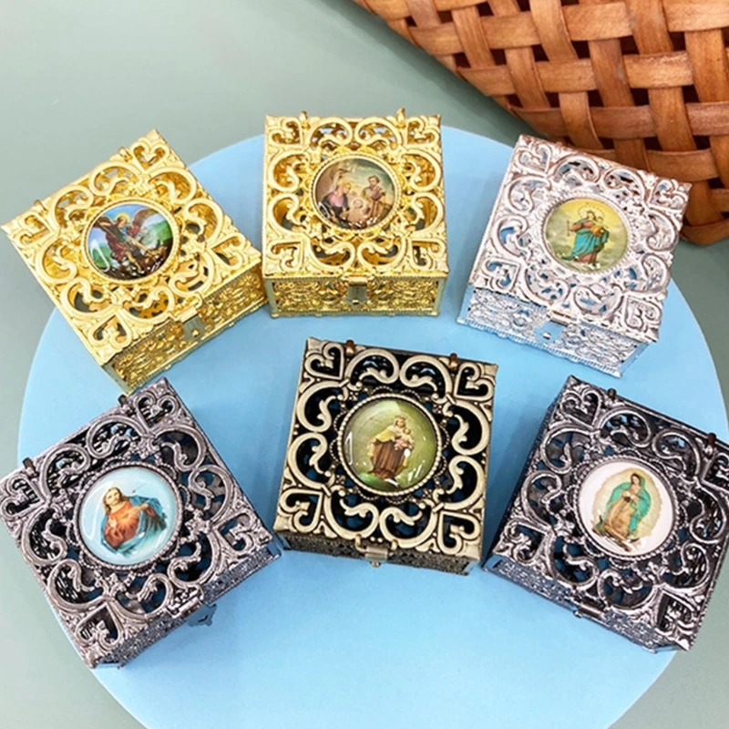 P82D Rosary Bead Box Necklace Metal Christian Catholic Religious Jewelry Case Storage catholic rosary necklace religious ritual accessories