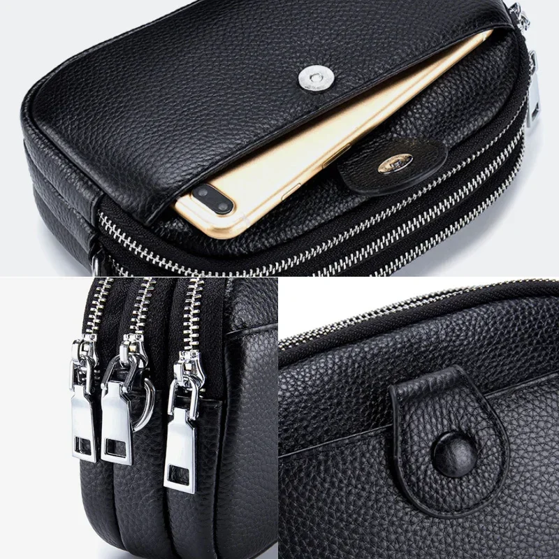 Real Leather Women Fashion Shoulder Bag Mini Cross Messenger Bags Female Small Purse Three Zipper Pockets Design Luxury Handbag