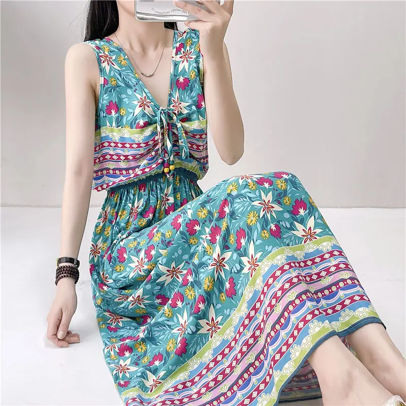 Vintage Printed V-Neck Shirring Lace Up Bow Sleeveless Dress Women's Clothing 2024 Summer New Loose Office Lady Floral Dress