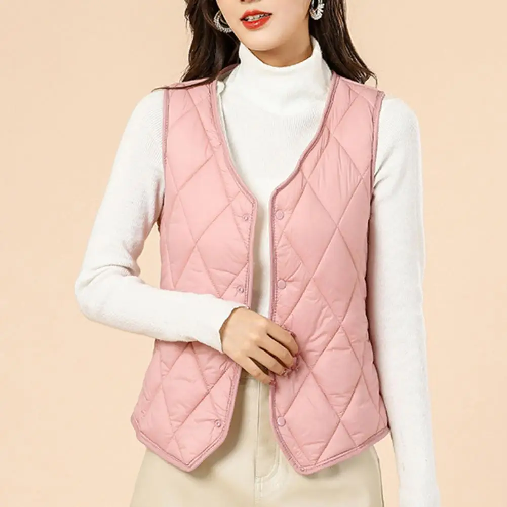 

Solid Color Vest Stylish Women's V-neck Padded Vest Coat Warm Windproof Fashionable Outerwear for Fall Winter Women Fall Vest