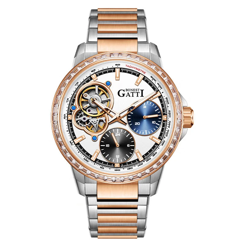 BONEST GATTI Automatic Skeleton Flywheel Dial Watch 43mm Mechanical 50M 5ATM