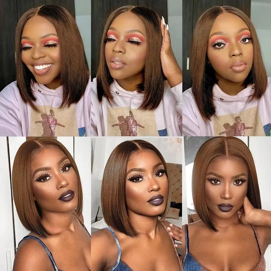 220% HD 13x4 13x5 Chocolate Brown Bone Straight Short Bob Lace Frontal Human Hair Wigs Transparent Pre Plucked Lace Front Wig 6