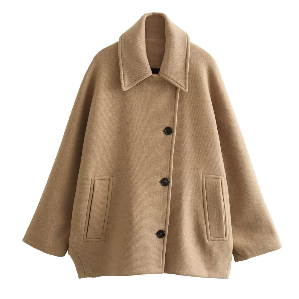 2025-Short Blended Coat for Women, Casual Polo Neck, Personalized Top, Cloak Sleeve, Winter, New 3