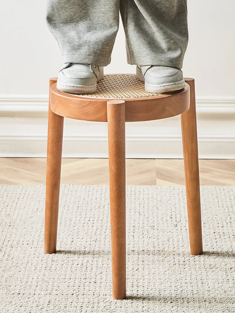 Nordic Solid Wood Rattan Woven Round Stool Casual Low Stool Light Luxury Rattan Woven Household Small Bench for Stacking Shoes