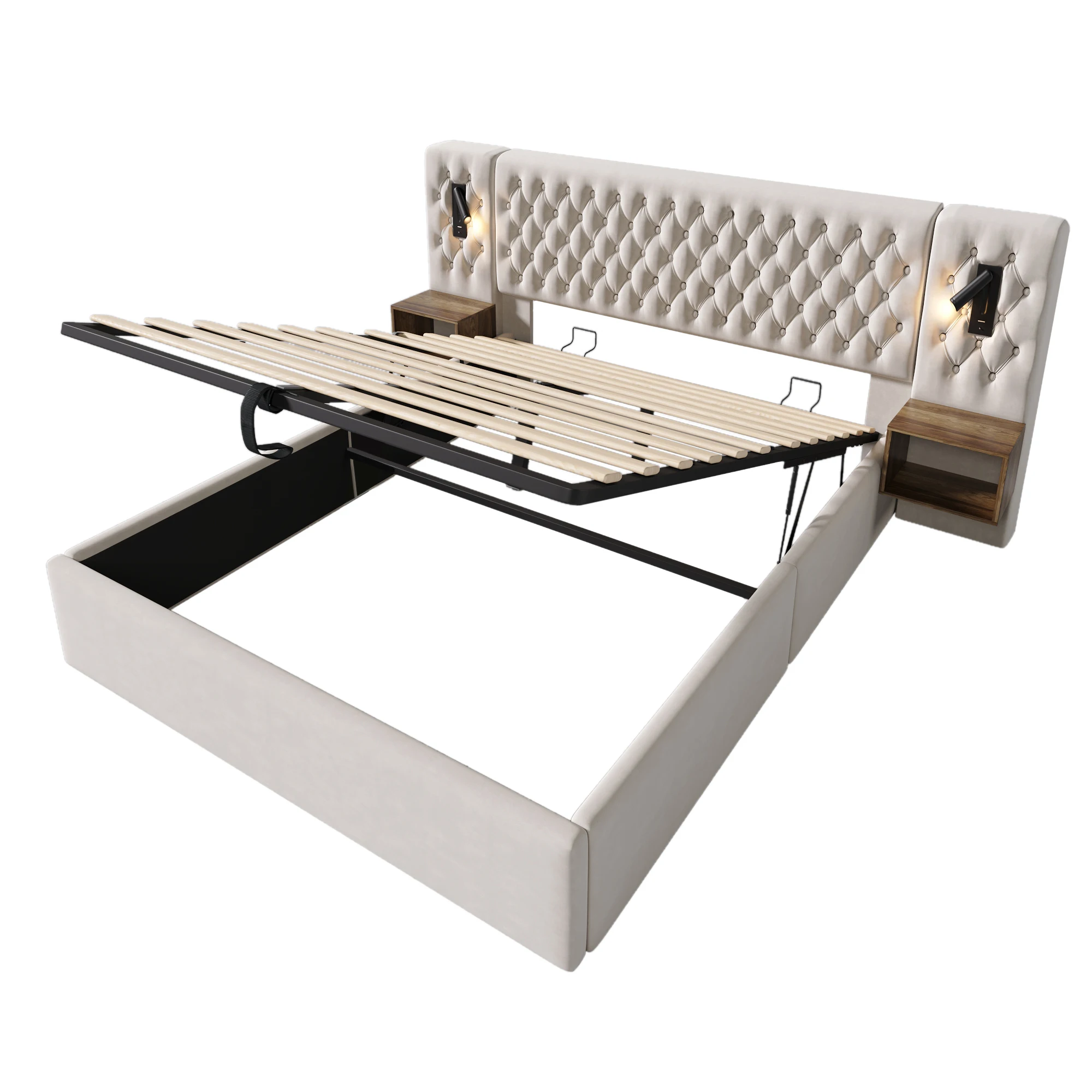 Schlafzimmer-Möbelset, Polsterbett mit hydraulischem Stauraum, Doppelbett 180x200 cm mit 2 Nachttischen, Beige Samt – Detail 21