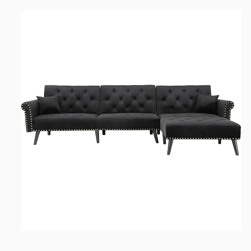 

Sofa Living Room Velvet Convertible Sleep Puff Sofa, Button Tufted Sectional Sofa Bed Black Air Single Bedroom Furniture Set