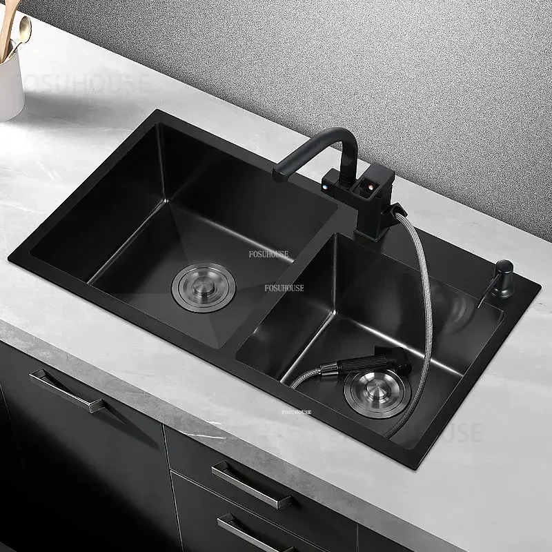 Thickened Kitchen Accessories Nano Handmade Kitchen Sinks Stainless Steel Black Double-slot Home Washbasin With N 3