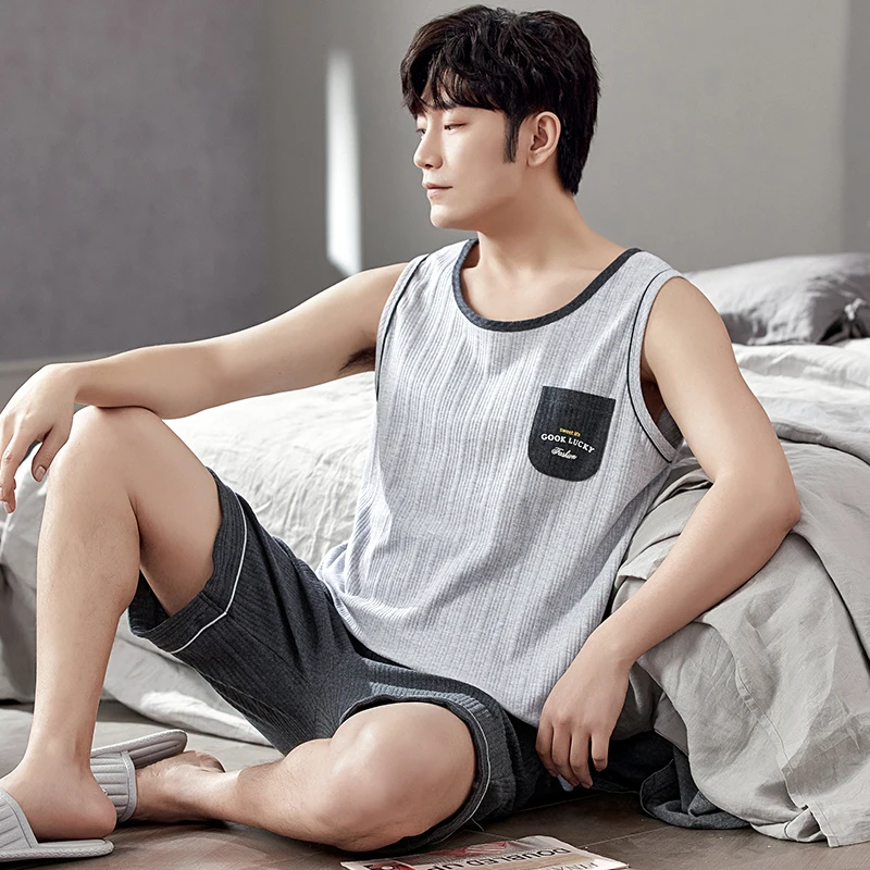 

Пижамный комплект мужской летний, жилет, штаны, уличная одежда, чистый хлопок, L-XXXXL