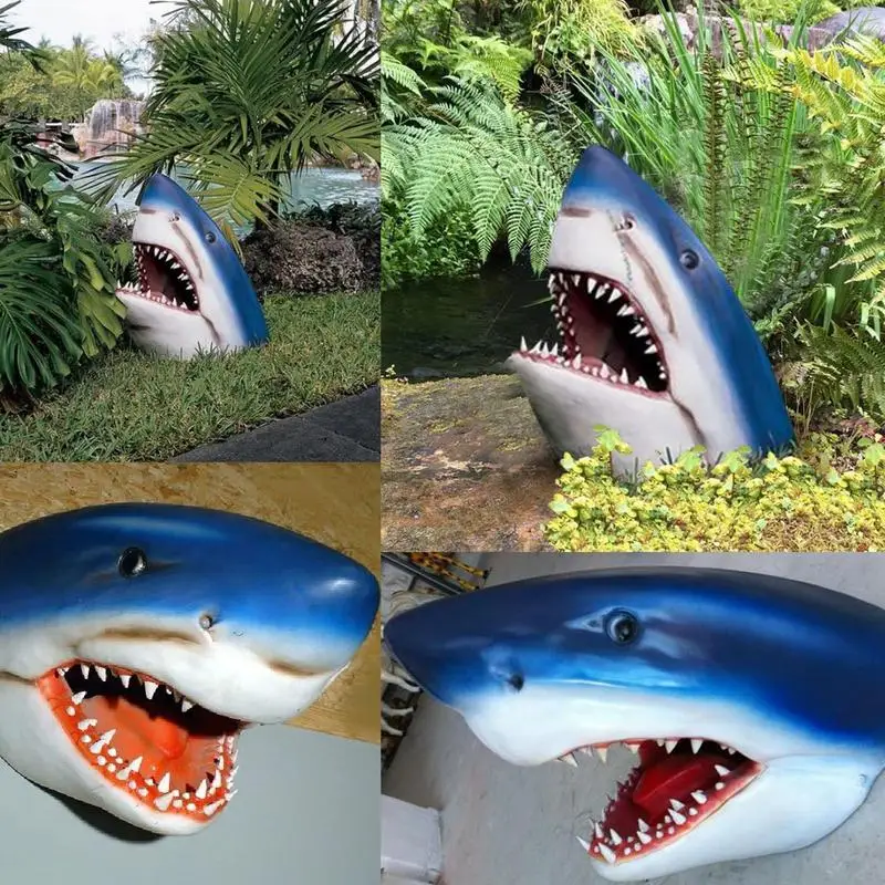 

Shark Head Figurines Courtyard Decor Sculpture Shark Statue Decor Funny Silicone Shark Head animal Housewarming gift for kids
