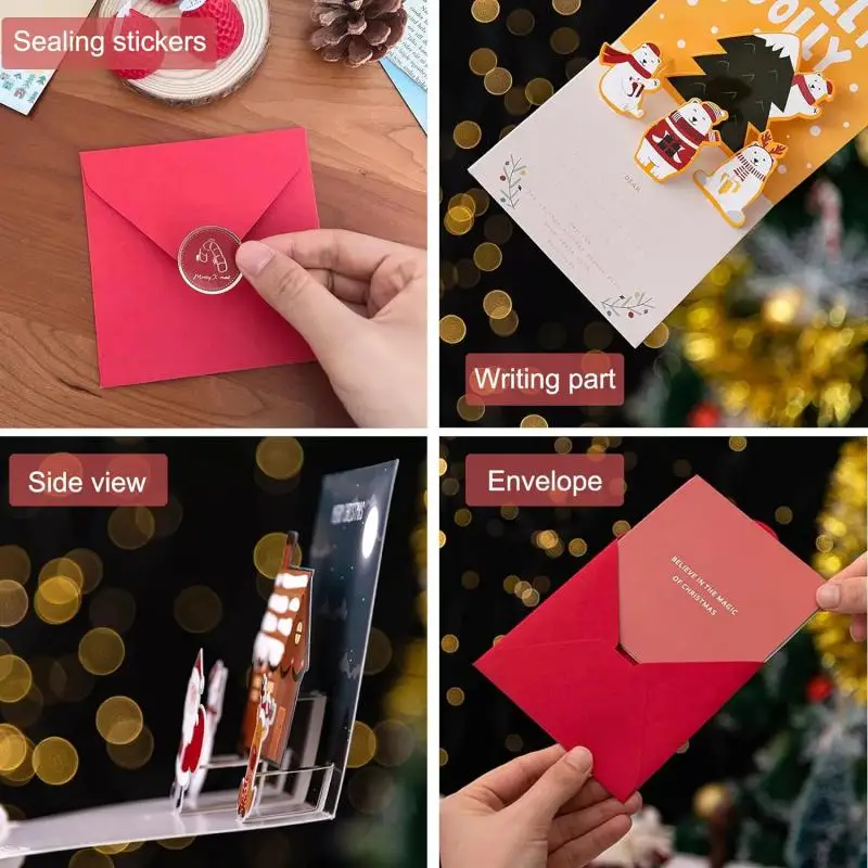 Merry Christmas Cards 3D Pop-up Greeting Cards Envelope Santa Claus Snowman Laser Xmas Happy New Year Greeting 6/1PC