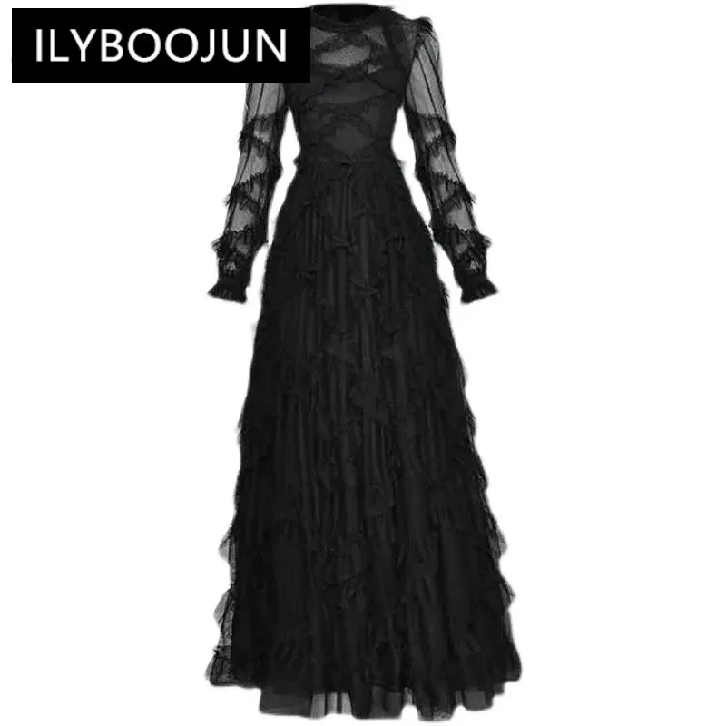 

ILYBOOJUN Fashion Designer Autumn Long Mesh Dress Women's Long sleeve Cascading Ruffle Sexy Elegant Club Party Maxi Dress