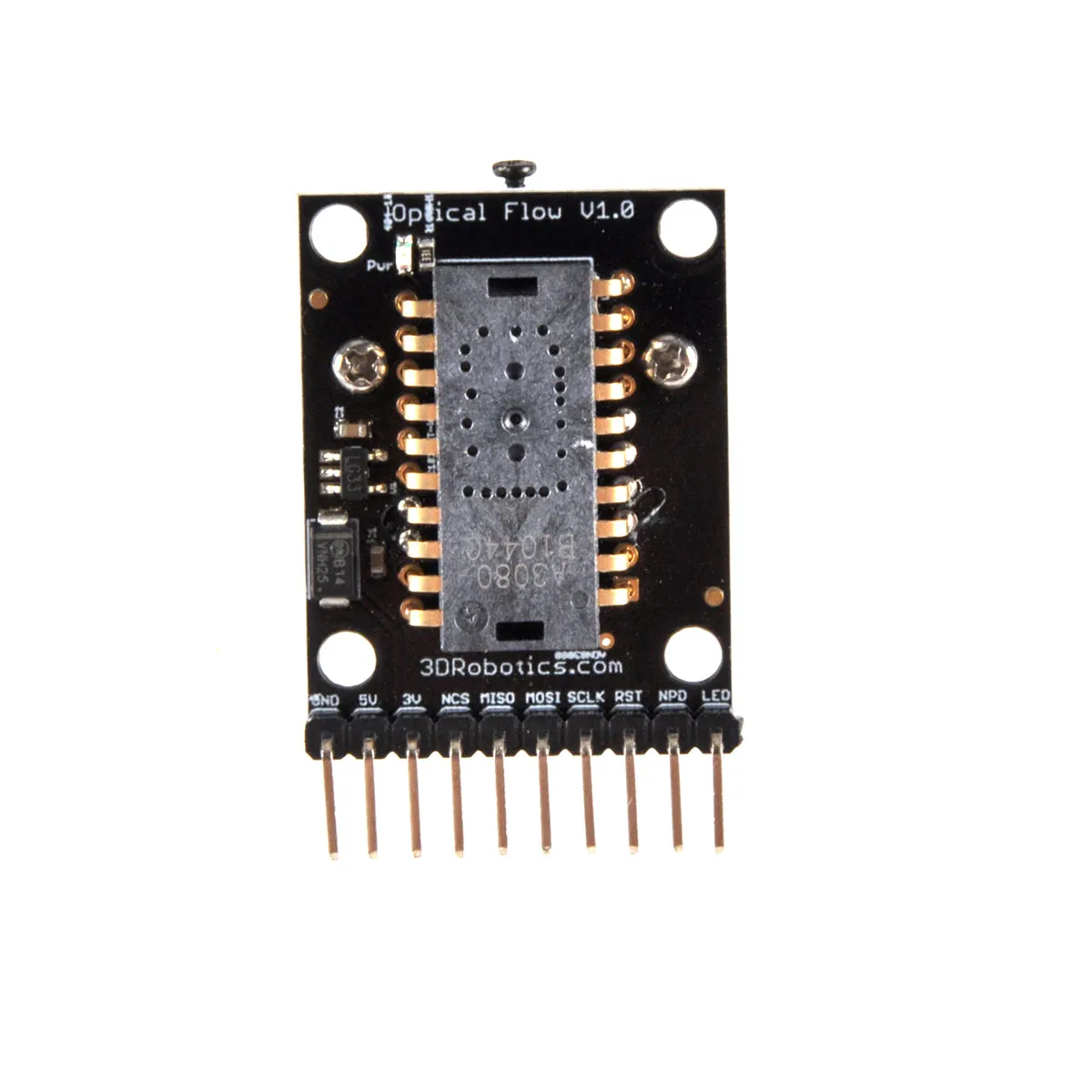 Vue latérale du capteur de flux optique pour APM 2.5/2.6/2.8, montrant sa fixation sur le drone.