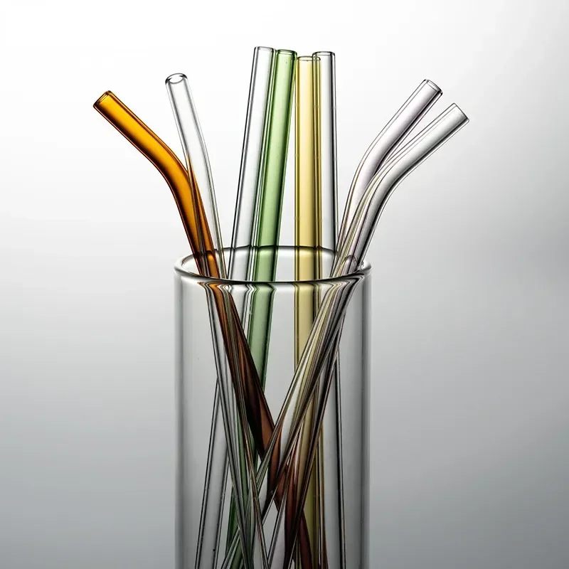 200*8mm Korean ins Style Color Thick Glass Straw Clear Creative Heat-resistant High Borosilicate Crystal Straw Straight Bend glass straw set drinking straws