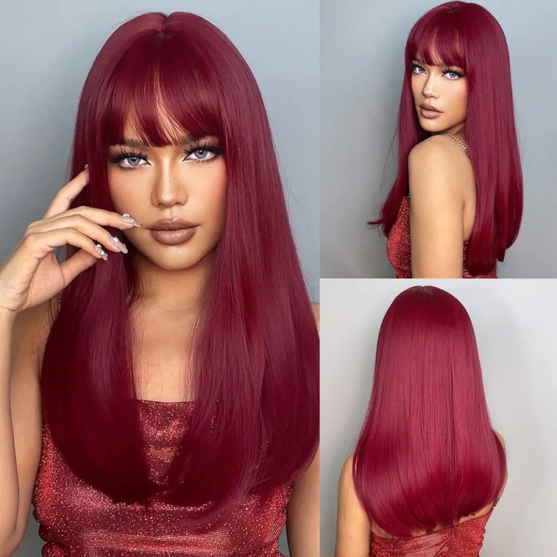 HENRY MARGU Deep Red Colored Synthetic Wig Long Straight Bob Wig for